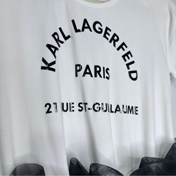 KARL LAGERFELD Black White Mid Length Tulle Logo Dress Sz 14 - Picture 4 of 10